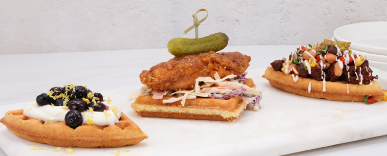 Sweet Corn Waffles topped with various toppings from sweet to savory to fit every daypart for Foodservice menu applications.